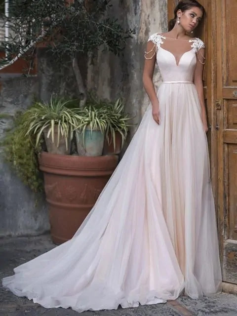 Tulle A-Line Wedding Dress For Women Beading Appliques Simple Princess Robe De Mariage Cap Sleeve Backless Vestidos De Novia