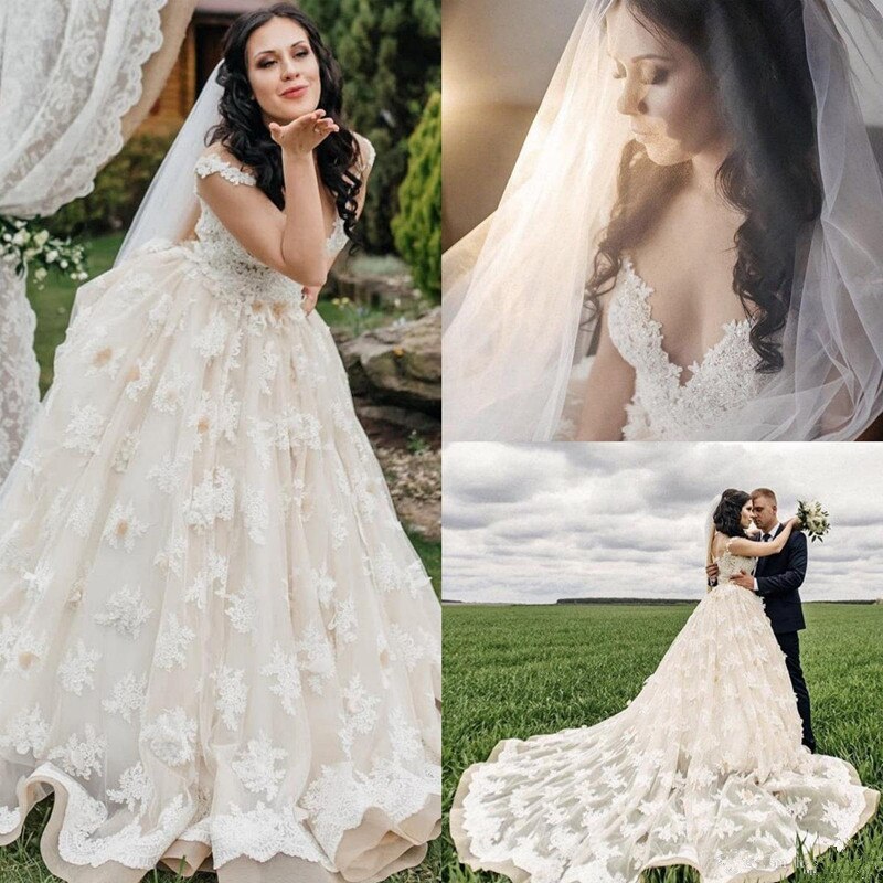 Classical Ball gown Off Shoulder champagne Wedding Dress Lace long Train v-neck Bridal Gowns wedding gown Vestido De Novia
