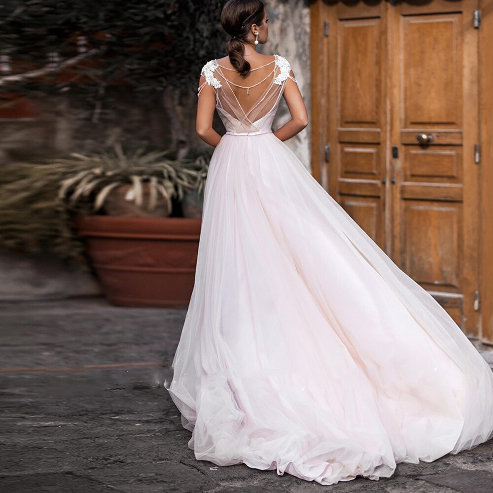 Tulle A-Line Wedding Dress For Women Beading Appliques Simple Princess Robe De Mariage Cap Sleeve Backless Vestidos De Novia
