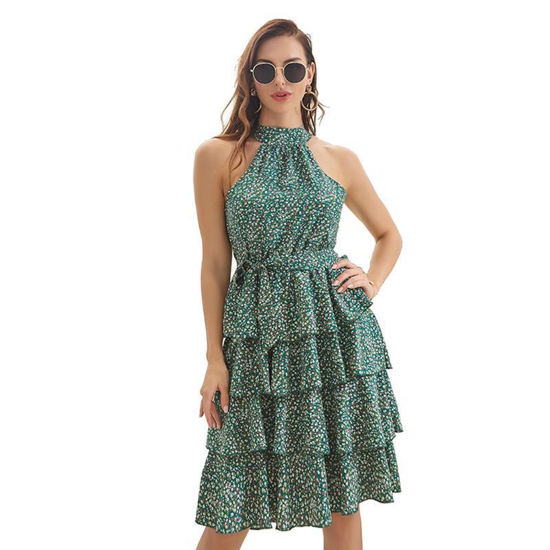 floral lace up layered Ruffle neck cake dress women 2021 new summer