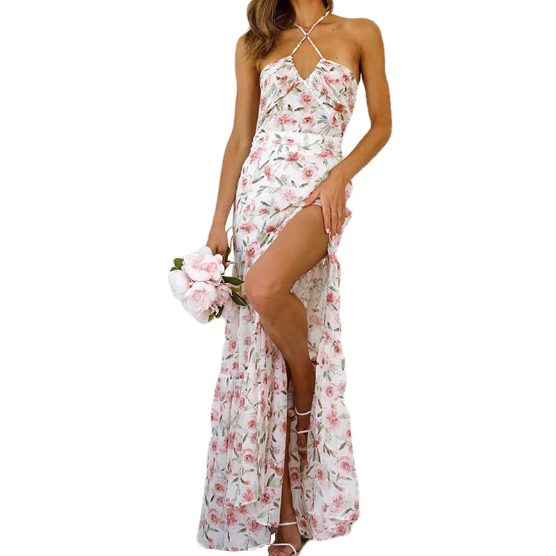 Floral strap long skirt with open back stitching and split dress