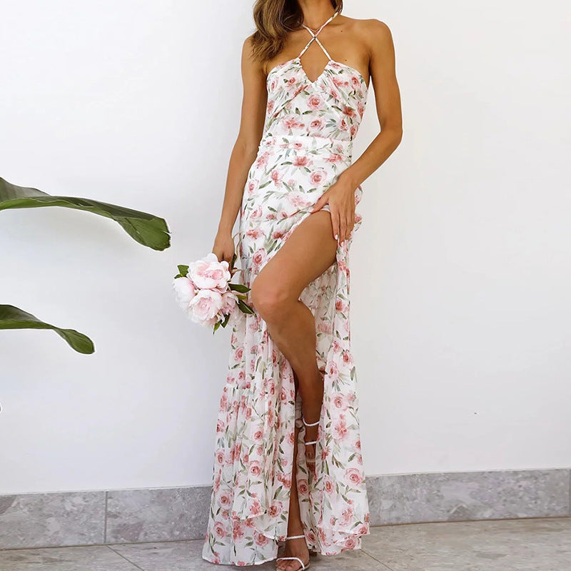 Floral strap long skirt with open back stitching and split dress
