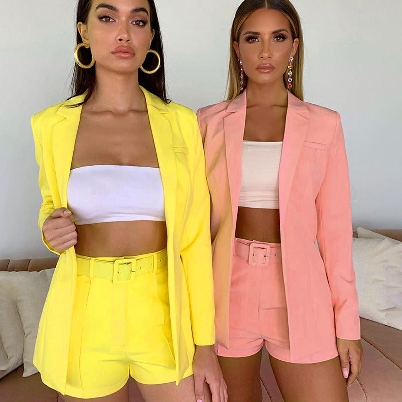 Summer Two Piece Set Casual Office Blazer with Free Belt Women Solid Colors Buttonless Business Blazer High Waist Shorts Suits| |