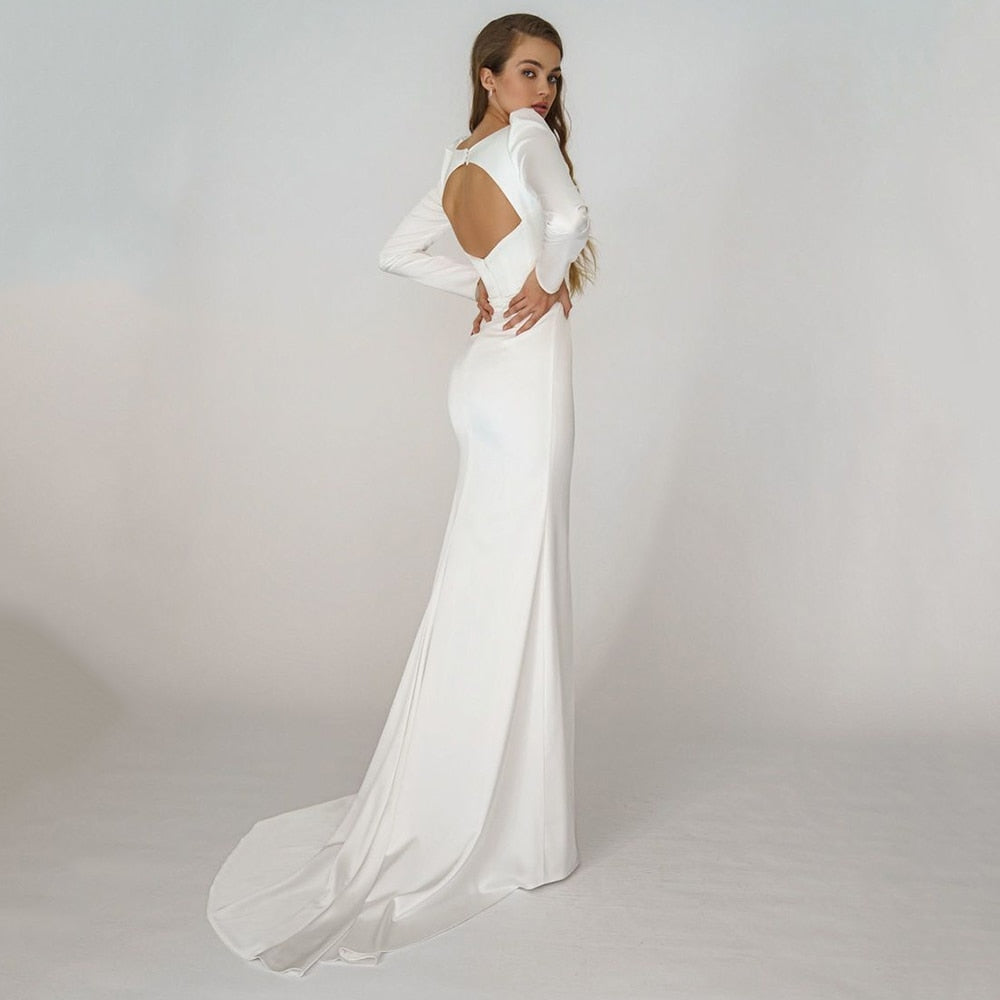 UZN Ivory Mermaid Satin Wedding Dress Sweetheart Long Sleeves Bridal Gown Simple Backless Brides Dress Vestido De Novia